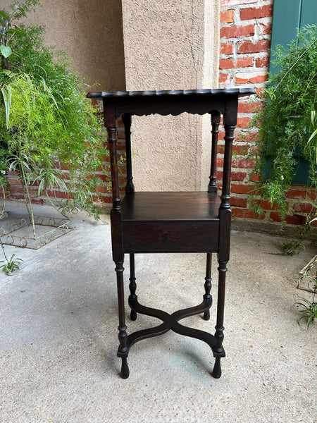 Antique English End Table SQUARE PETITE Jacobean Oak Two Tier c1900