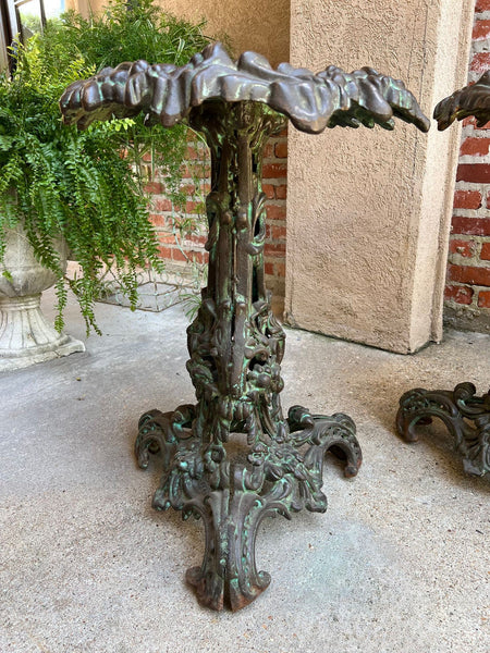 PAIR Antique French Round Side Table Grotto Rococo Cast Iron Plant Stand c1880