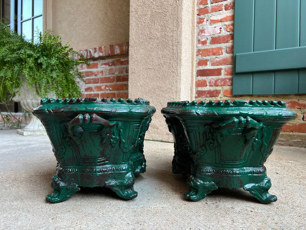 PAIR Antique French Cast Iron Jardiniere Large Footed Cache Pot Planter c1880