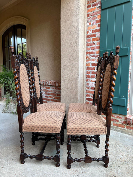 Set 4 TALL Antique French Dining Chair Barley Twist Renaissance Carved Oak 1890
