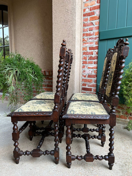Set 4 Antique French Dining Chair Barley Twist Renaissance Carved Oak Green 1900