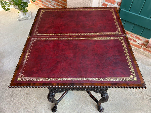 Antique Foyer Hall Table British Colonial Carved Wood Leather Flip Top Burmese