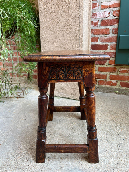 Antique English Footstool Bench Joint Stool Carved Oak Jacobean Stand c1900