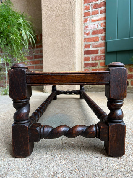 Antique English Barley Twist Stool Bench Oak Cane Jacobean Ottoman c1920