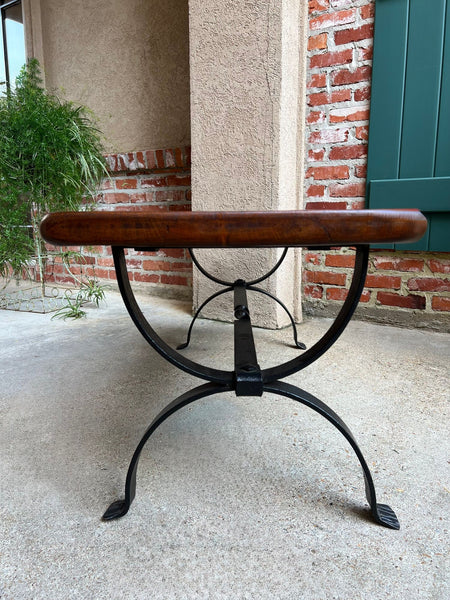 Antique French Coffee Table Bench Country Farmhouse Tiger Oak Wrought Iron c1920
