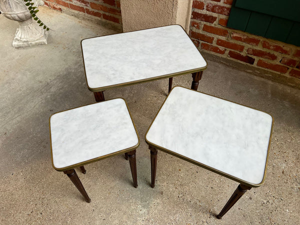Set 3 Vintage French Nesting Table WHITE MARBLE Mahogany Louis XVI Maison Jansen