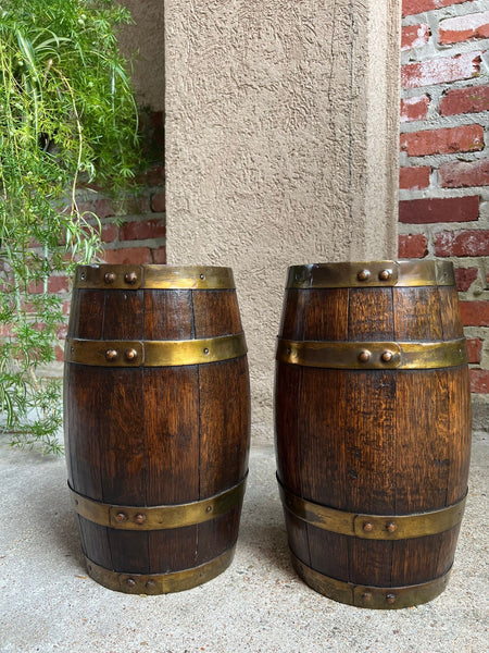 PAIR Set Antique English Oak Barrel Jardinière Planter Rosemaling Hand Painted