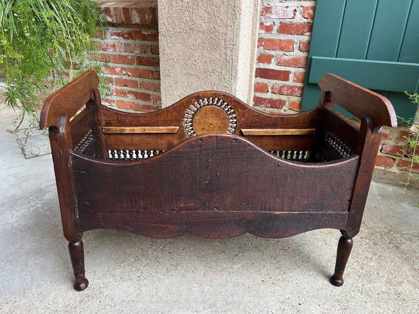 Antique French Carved Planter Breton Brittany Oak Doll Bed Fireside Box c1890
