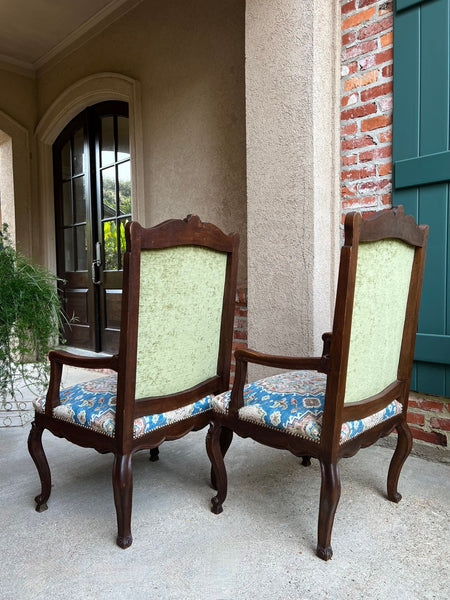 PAIR Antique French Dining Arm Chair Louis XV Carved Oak Blue Persian textile