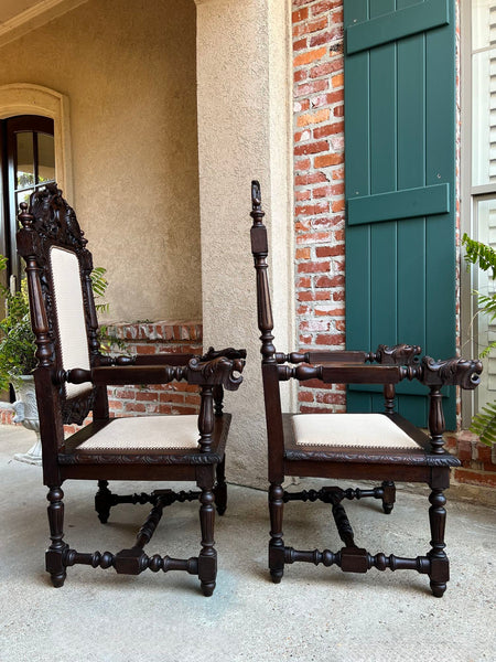 PAIR Antique French Arm Chair Dining Renaissance Carved Oak Bird Black Forest