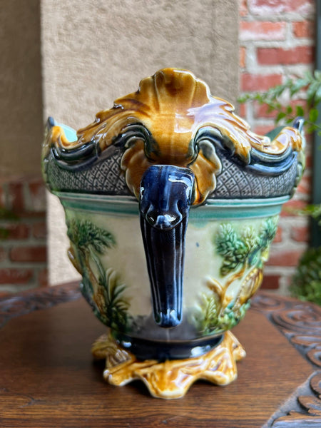 Antique French Majolica Jardinière Onnaing Tiger Monkey Jungle Cache Pot Planter
