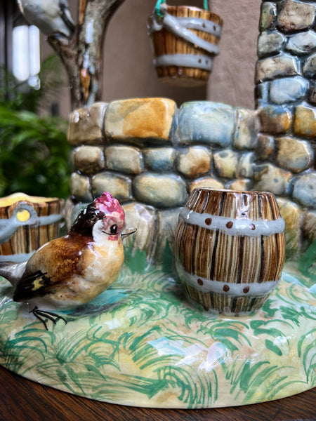 Antique French Majolica Bird Wishing Well Flower Holder Cache Pot Jerome Massier