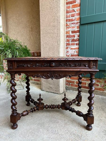 Antique French Sofa Table Writing Desk Barley Twist Carved Renaissance Tapestry