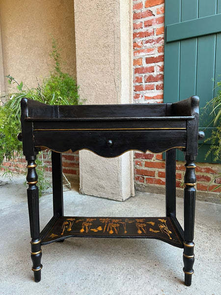 Antique English Sofa Side Table Decoupage Botanical Floral Black Gold c1890