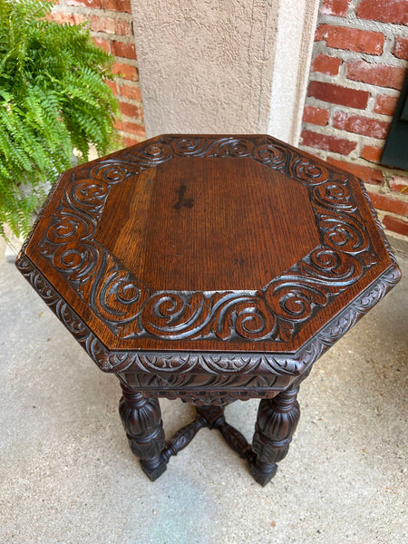 PETITE Antique French Octagon Center Side TABLE Side End Renaissance Carved Oak