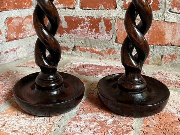 PAIR Set Antique English Oak OPEN Barley Twist Candlesticks Candle Holder Brass