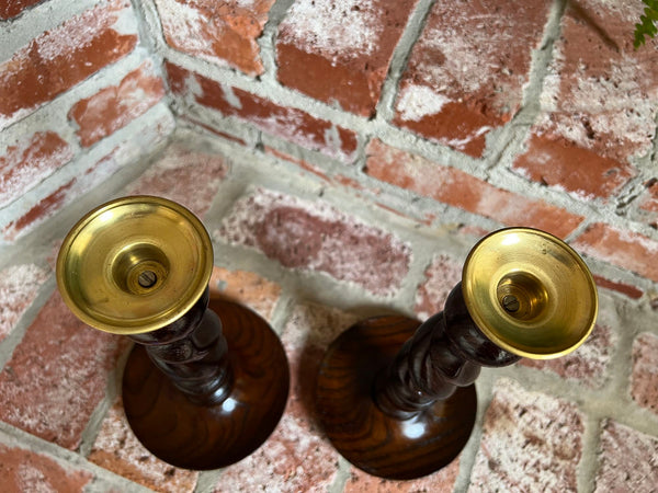 PAIR Set Antique English Oak OPEN Barley Twist Candlesticks Candle Holder Brass