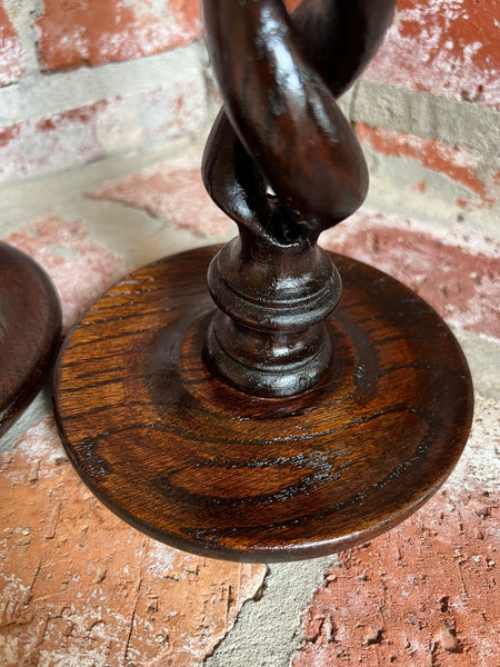 PAIR Set Antique English Oak OPEN Barley Twist Candlesticks Candle Holder Brass