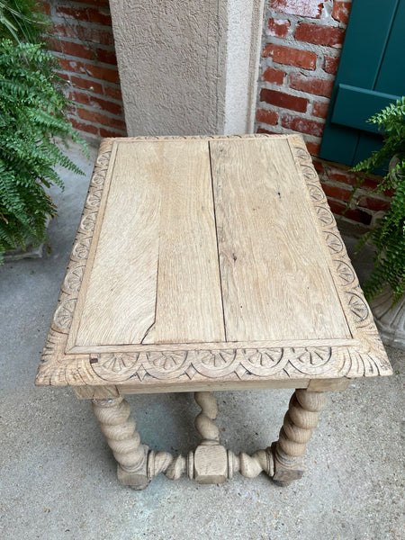 Antique French Side Table Barley Twist Bleached Carved Oak Nightstand Louis XIII