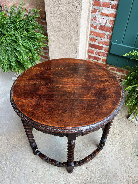 Antique French ROUND Side Center Table BARLEY TWIST Carved Oak Renaissance c1900