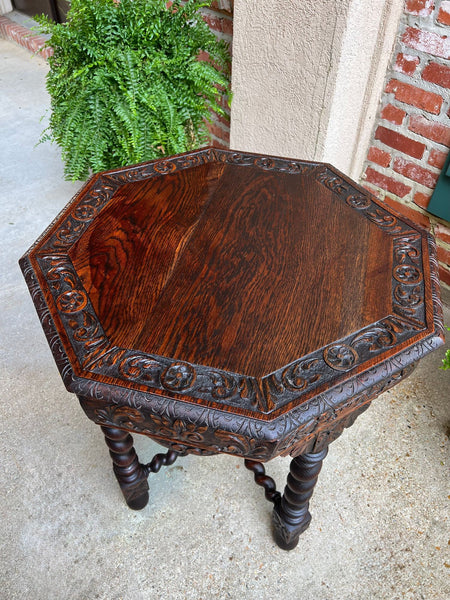 Antique French Octagon Sofa Table Carved Oak Barley Twist Louis XIII Renaissance