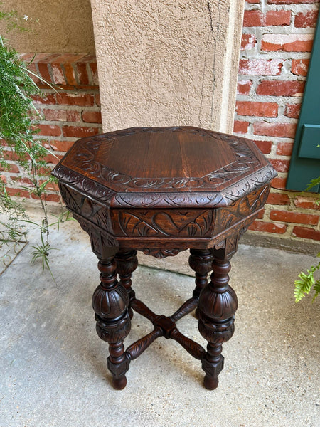 PETITE Antique French Octagon Center Side TABLE Renaissance Carved Oak c1890