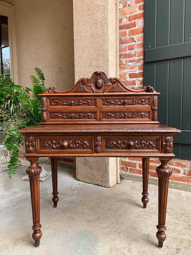 19th century Petite French Carved Oak Secretary Writing Desk Louis XVI Style