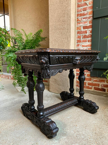 Antique Petite French Carved Oak Dolphin Table Desk Renaissance Gothic 19th c