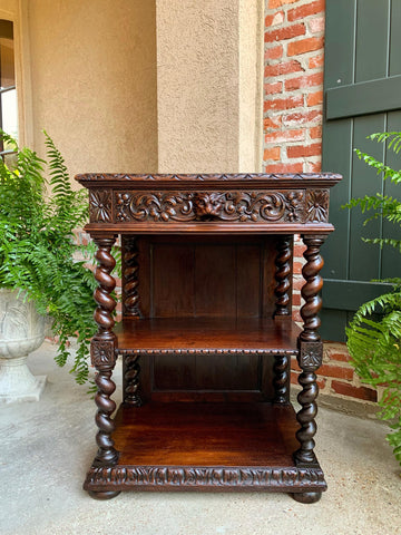 Antique French Carved Oak Petite Bookcase Server Barley Twist Display Louis XIII