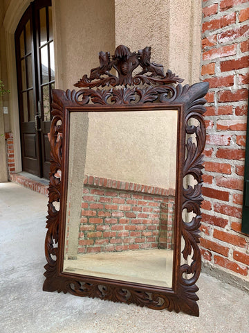 Antique French Carved Oak Frame Beveled Mirror Wall Mantel Louis XIV Renaissance