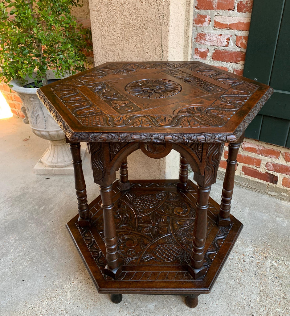 19th century French Carved Oak Center Side Table Hexagon Two Tier Shelf