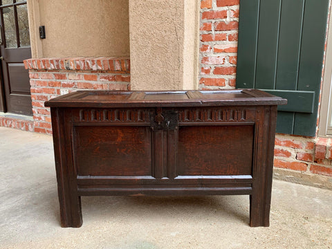 18th century English Carved Oak Coffer Trunk Chest Coffee Table Blanket Box