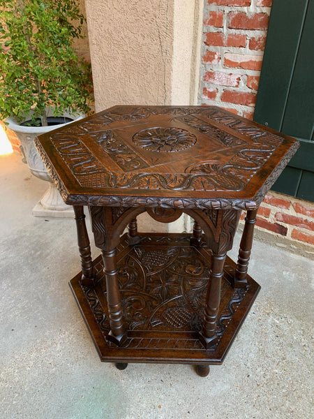 19th century French Carved Oak Center Side Table Hexagon Two Tier Shelf
