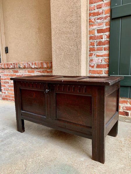 18th century English Carved Oak Coffer Trunk Chest Coffee Table Blanket Box