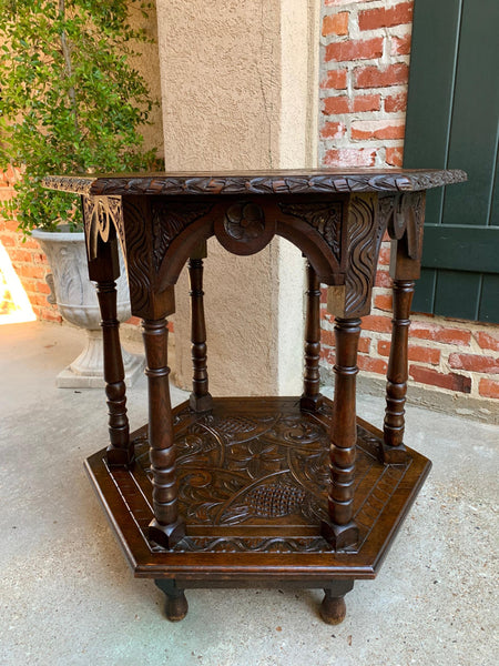 19th century French Carved Oak Center Side Table Hexagon Two Tier Shelf