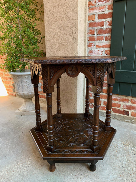 19th century French Carved Oak Center Side Table Hexagon Two Tier Shelf