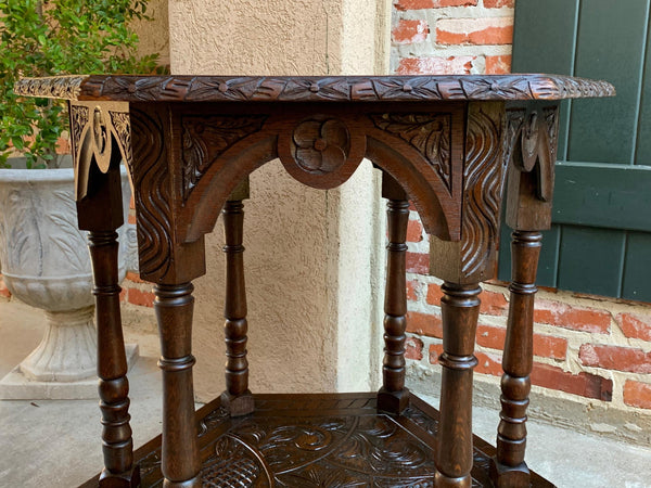 19th century French Carved Oak Center Side Table Hexagon Two Tier Shelf