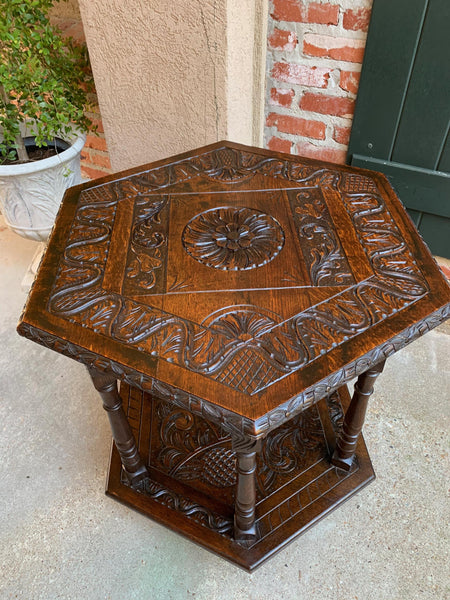 19th century French Carved Oak Center Side Table Hexagon Two Tier Shelf
