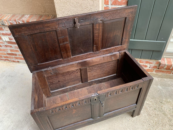 18th century English Carved Oak Coffer Trunk Chest Coffee Table Blanket Box