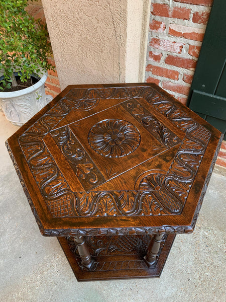 19th century French Carved Oak Center Side Table Hexagon Two Tier Shelf