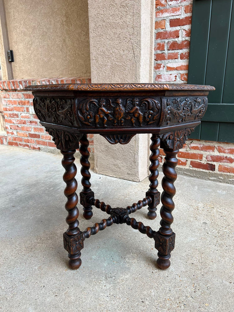 Antique French Octagon Sofa Table Carved Oak Barley Twist Louis XIII Renaissance