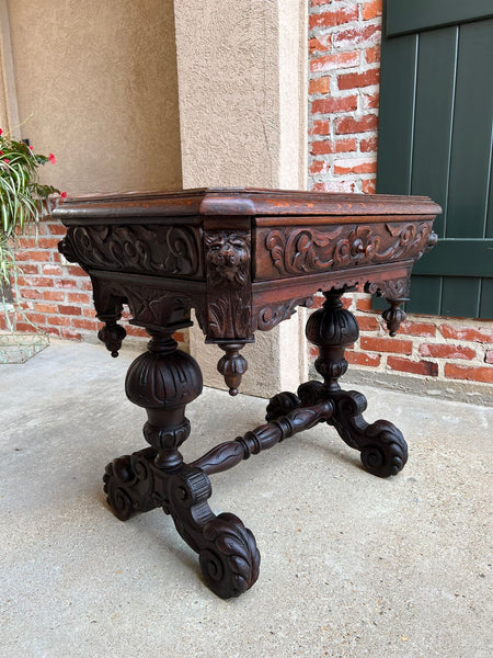 19th century Petite English Sofa Table Library Desk Renaissance Carved Oak