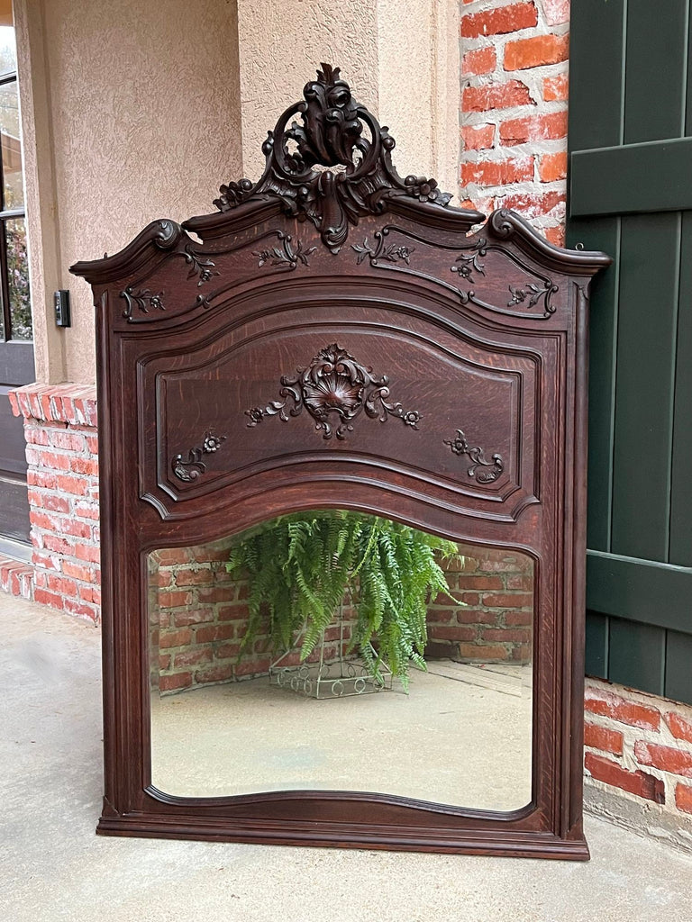 Antique French Trumeau Pier Wall Mirror Louis XV Carved Oak 19th century