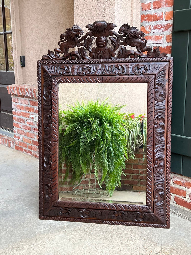 Antique French Pier Wall Mirror Renaissance Black Forest Lion Crest Carved Oak