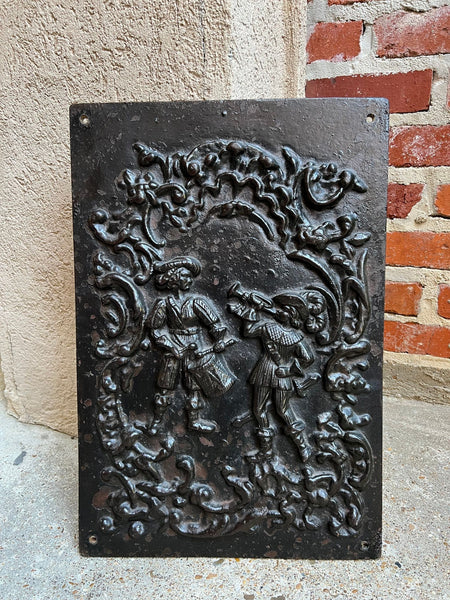 Antique English Fireback Cast Iron Hearth Panel Kitchen Backsplash Floral Music