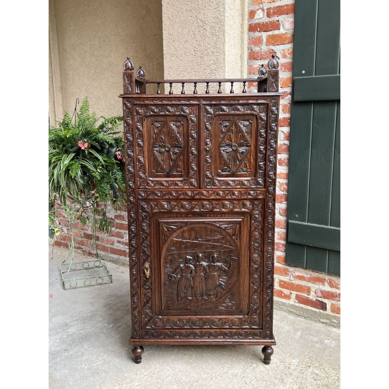 Antique French Carved Chestnut Cabinet Bonnetiere Armoire Breton Brittany
