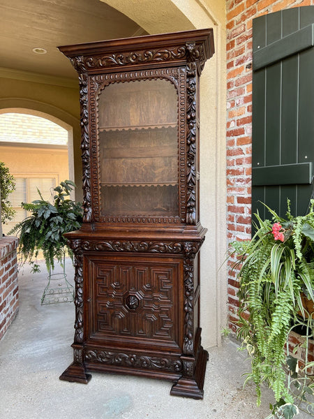 19th century French Bookcase Cabinet Carved Oak Black Forest Renaissance Display