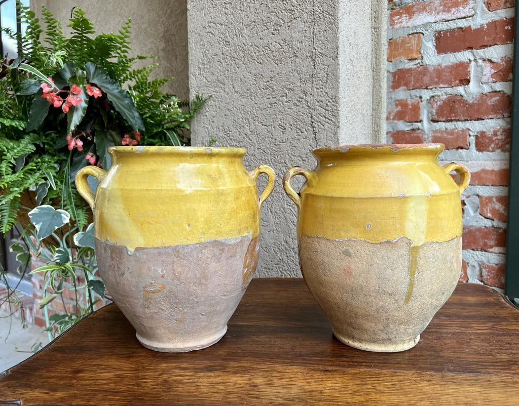 19th century PAIR Set 2 French Confit Pot Yellow Glazed Pottery Provincial