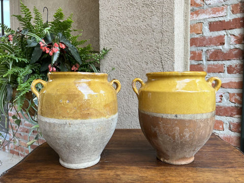 19th century PAIR Set 2 French Confit Pot Yellow Glazed Pottery Provincial
