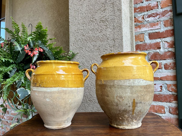 19th century PAIR Set 2 French Confit Pot Yellow Glazed Pottery Provincial
